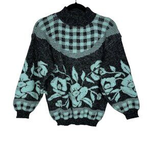 Vintage Arielle Grandmacore Granny Chic Floral & Checkered Cozy Knit Sweater Mad